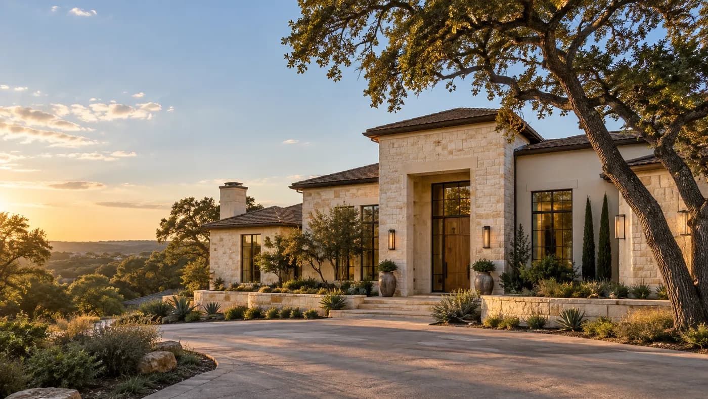 Hill Country residence at dusk from Robbie Wennermark's project imagery