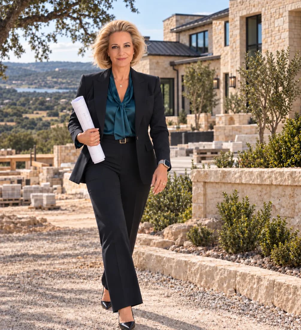 Robbie Wennermark walking a Hill Country build site with plans in hand
